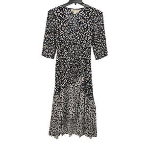 Leopard Print Midi Tie Wrap Dress Tiered Boho Chic Romantic Lightweight Size S
